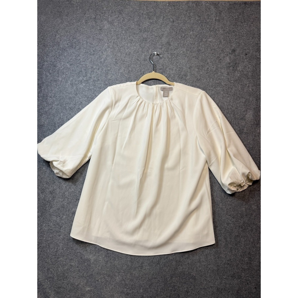 H&M Drawstring Detail Blouse Top Womens Small Beige Balloon Sleeve Back Keyhole